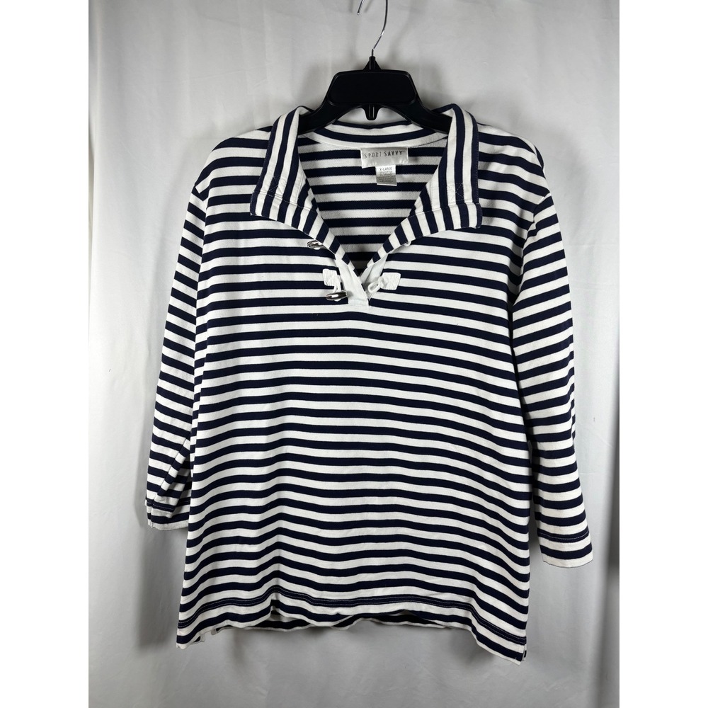 Sport Savvy Womens XL Navy Blue White Striped Toggle Split Neck Top 3/4 Sleeve